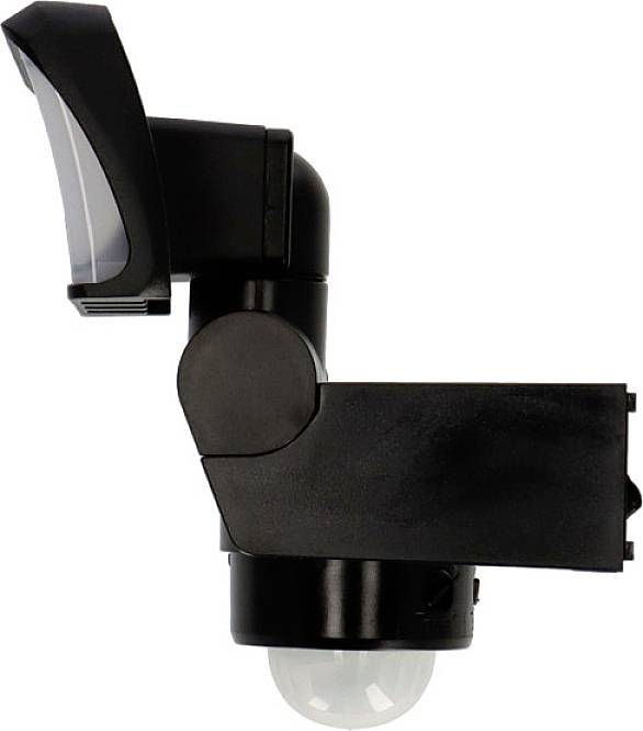 Außenbewegungsmelder in schwarzem Gehäuse mit transparentem Sensor, zur Wandmontage geeignet.