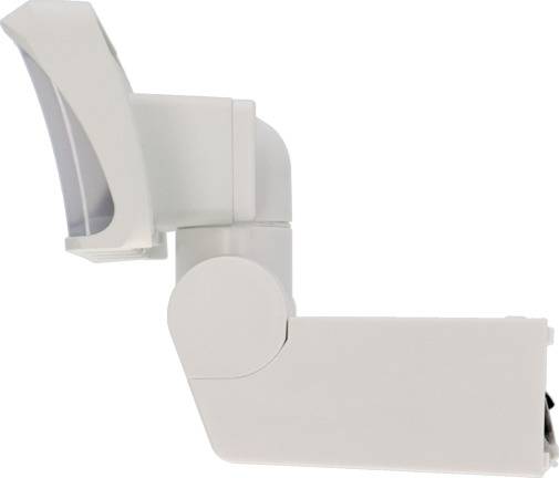 Seitenansicht eines weißen Bewegungssensors mit wandmontiertem Arm, geeignet für Sicherheits- und Lichtsteuerungsanwendungen.