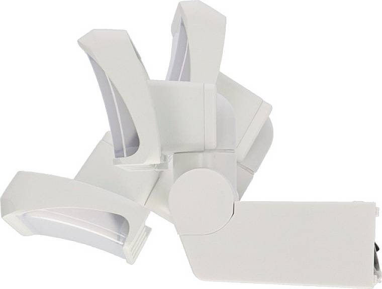 Eine weiße, mehrteilige LED-Lampe mit verstellbaren Armen, die in verschiedene Richtungen zeigt, geeignet für flexible Beleuchtung.