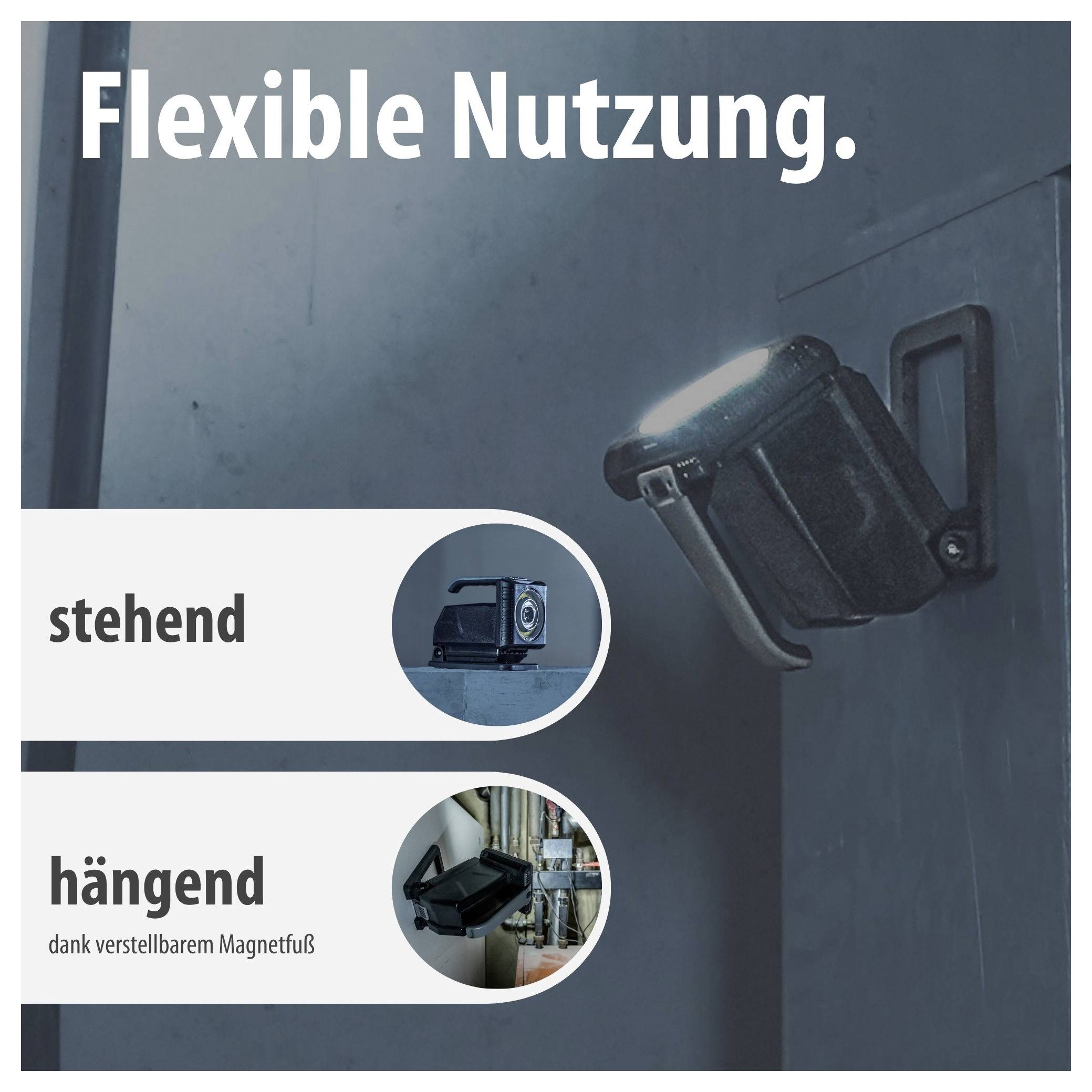 Werbegrafik mit dem Titel 'Flexible Nutzung': eine Leuchte kann stehend oder dank verstellbarem Magnetfuß hängend montiert werden.