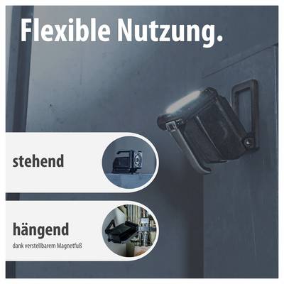 Werbegrafik mit dem Titel 'Flexible Nutzung': eine Leuchte kann stehend oder dank verstellbarem Magnetfuß hängend montiert werden.