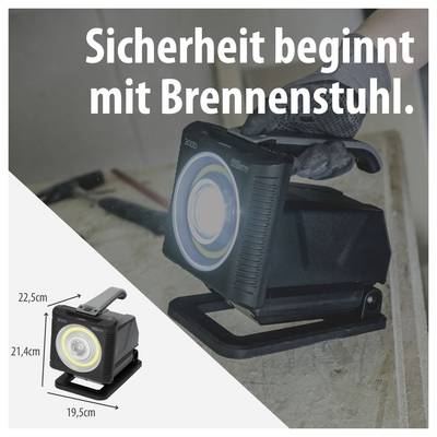 Werbeplakat für eine Arbeitsleuchte mit Slogan 'Sicherheit beginnt mit Brennenstuhl.'; Produktfoto und Maßangaben 22,5 cm, 21,4 cm, 19,5 cm.<br>