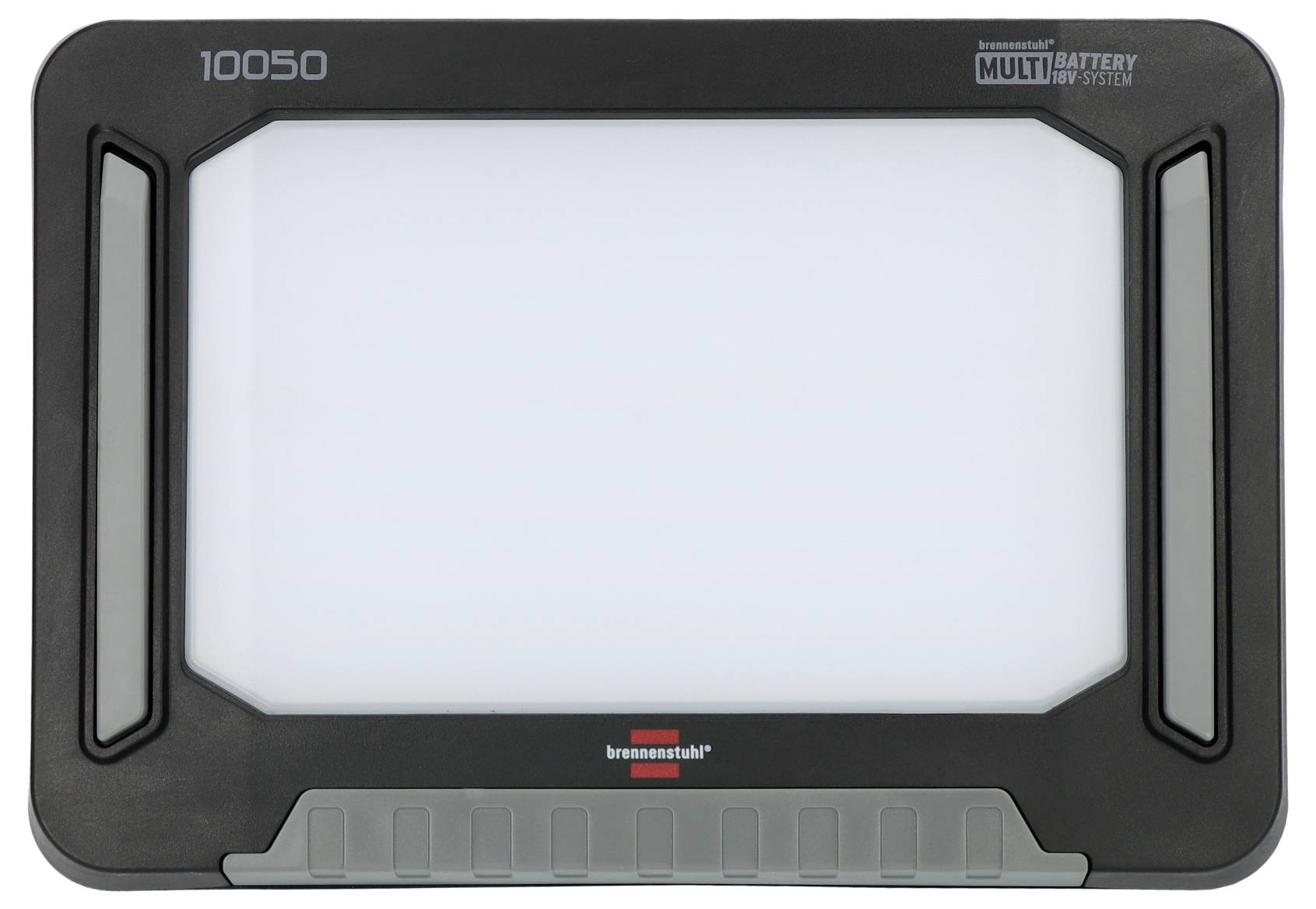 LED-Baustrahler mit Kunststoffgehäuse, Multi Battery 18V System. Markenname oben links, logo unten. Fenster in der Mitte.