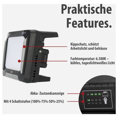 Werbeabbildung eines LED-Arbeitslichts mit den Merkmalen Kippschutz, 6500K Tageslichtfarbe und Akku-Zustandsanzeige mit 4 Schaltstufen.<br>