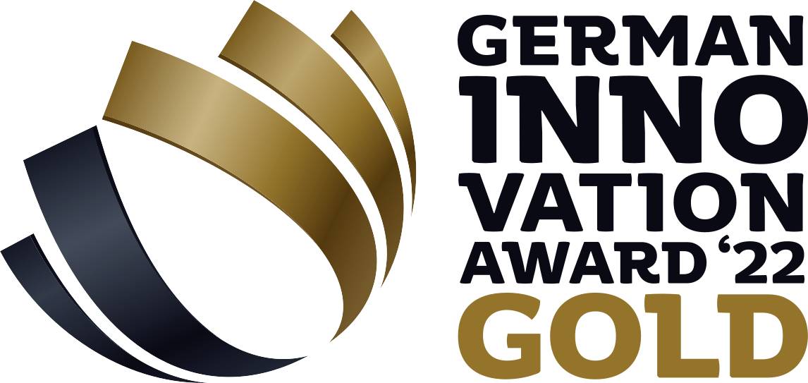 'German Innovation Award 2022 Gold' Logo mit goldenen und schwarzen Streifen.
