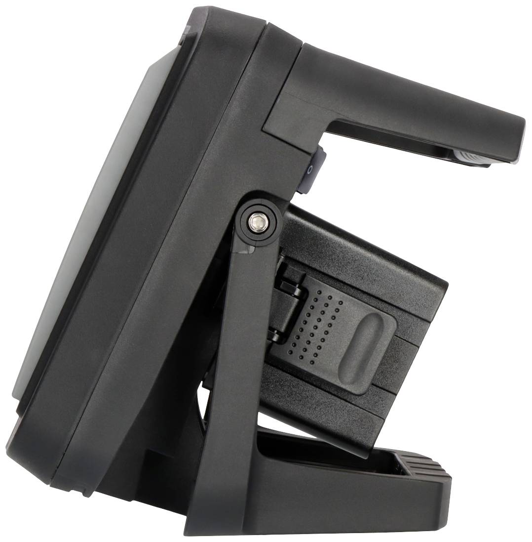 Ein seitliches Bild eines tragbaren Geräts mit Griff, vermutlich zur Datenerfassung oder zum Scannen, auf einer festen Basis montiert.