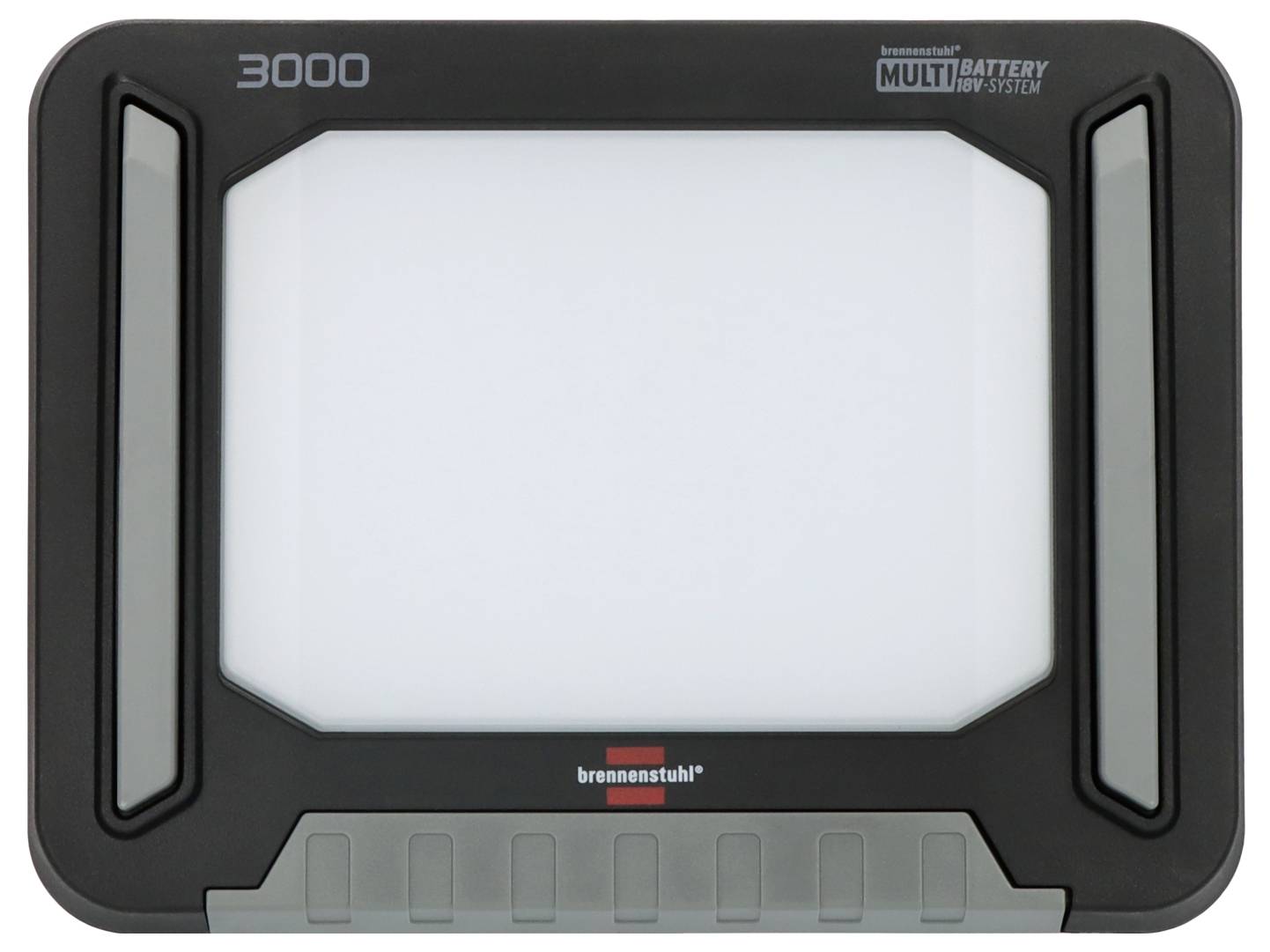'Brennenstuhl Multi Battery 18V System', LED-Baustrahler mit '3000' Lumen, rechteckig, schwarze und graue Umrandung, zentrales Lichtfeld.