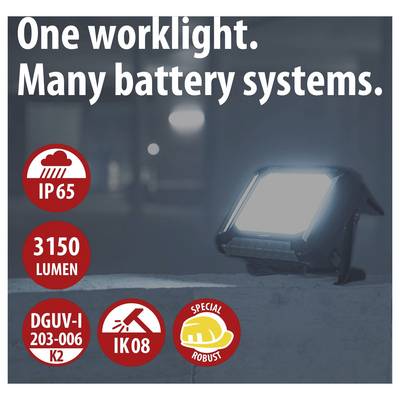 Werbeschild mit Arbeitsleuchte und Text 'One worklight. Many battery systems.'; zeigt IP65, 3150 Lumen, DGUV-I 203-006 K2, IK08 und 'Special Robust'.