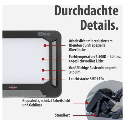 Werbegrafik für eine Arbeitsleuchte: großflächige Ausleuchtung mit 3150 lm, 6500 K, blendarm, SMD-LEDs, Kippschutz und Standfuß.