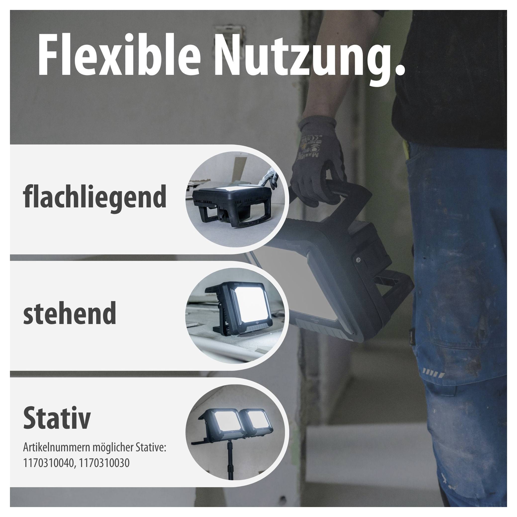 Werbegrafik 'Flexible Nutzung' mit Arbeitsleuchte in drei Positionen: flachliegend, stehend und stativ; nennt Artikelnummern 1170310040 und 1170310030.