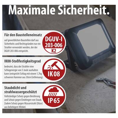 Werbeplakat für einen Baustrahler mit Titel 'Maximale Sicherheit.'; nennt DGUV 203-006 K2, IK08 und IP65 als Sicherheitsmerkmale.