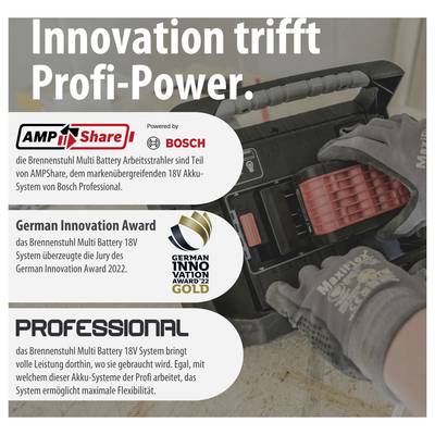 Werbeplakat für Brennenstuhl Multi Battery 18V: 'Innovation trifft Profi-Power' mit Akku-Arbeitsstrahler, AMPShare/Bosch-Logo und 'German Innovation Award Gold'.