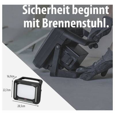 Werbeabbildung eines tragbaren Brennstuhl-Baustrahlerlichts bei der Installation; Text: 'Sicherheit beginnt mit Brennenstuhl.' sowie Maßangaben 16,9 cm, 22,7 cm und 28,5 cm.