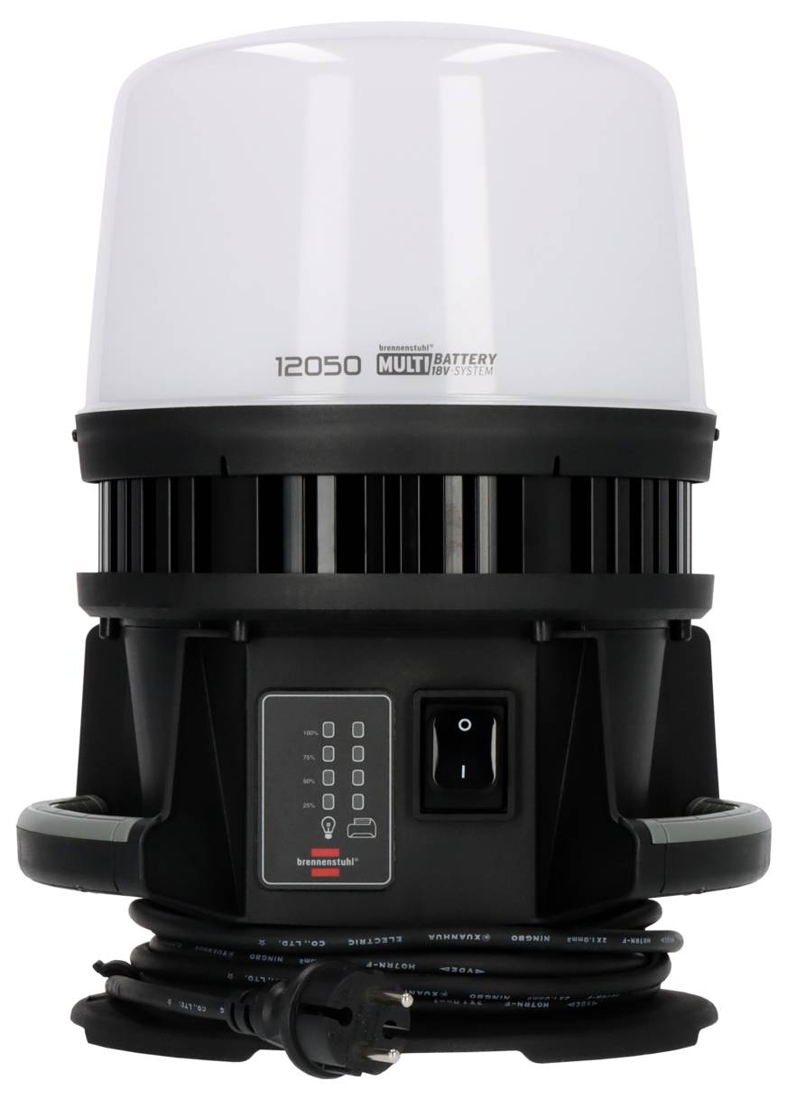 Ein tragbares LED-Arbeitslicht mit Griffen und Kabelaufwicklung, geeignet für den Einsatz auf Baustellen oder in Werkstätten.