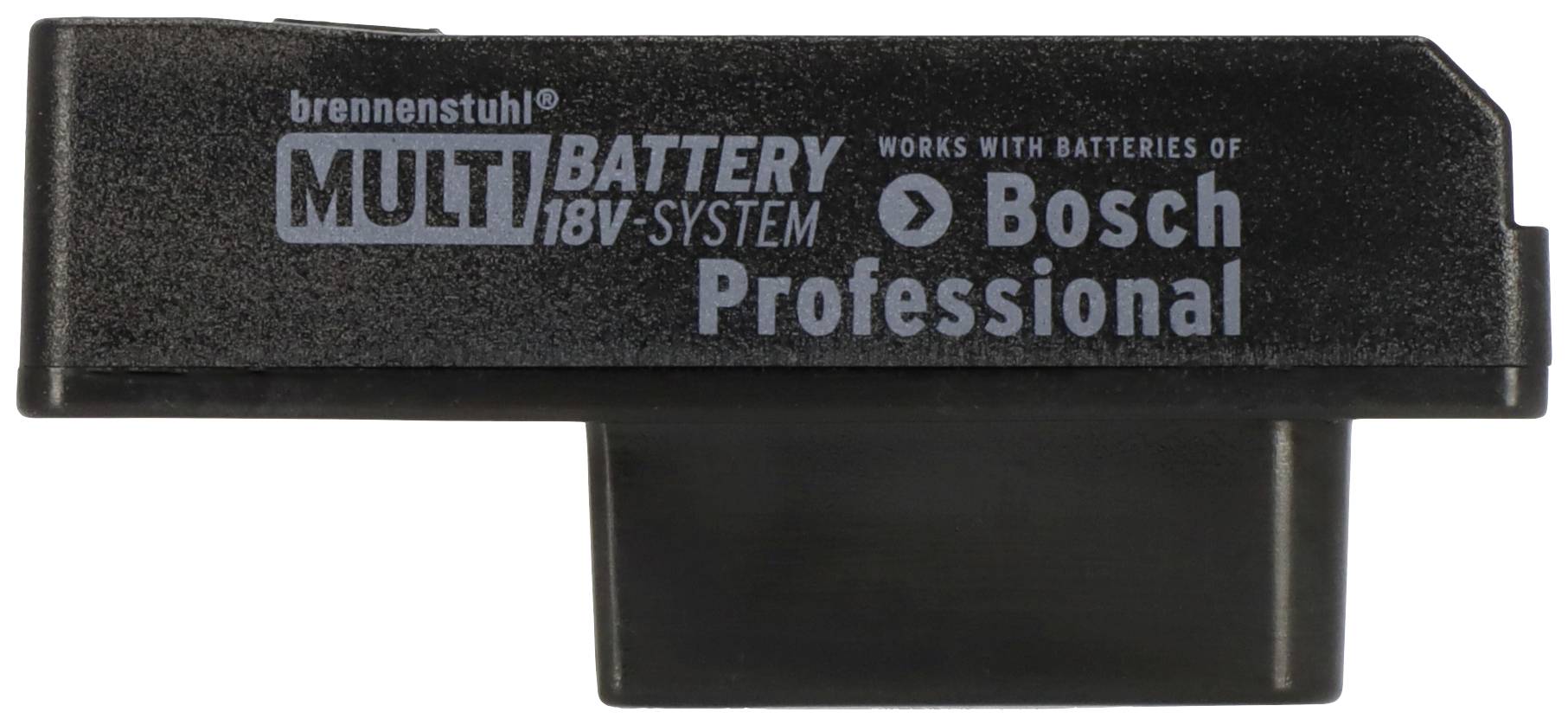 Adapter für Akku-Geräte, kompatibel mit 'Bosch Professional' Batterien, 18V-System, schwarzes Gehäuse, Markenaufdruck sichtbar.