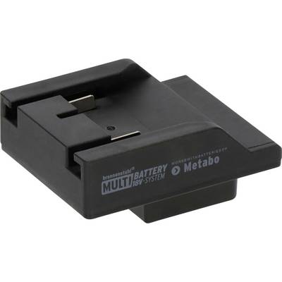 Schwarzer Batterieadapter mit der Bezeichnung "MULTI BATTERY 18V SYSTEM" und "Metabo", gezeigt auf weißem Hintergrund.