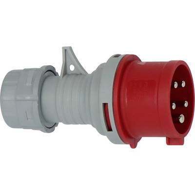 Roter Industrie-Stromstecker mit grauem Kabelstecker und vier Metallzacken auf weißem Hintergrund.