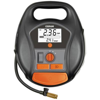 Ein digitaler Luftdruckmesser mit Display zeigt '2.36 BAR' als aktuellen Druck und '2.41 TARGET' als Ziel. Eine Verbindungsschlauch ist sichtbar.