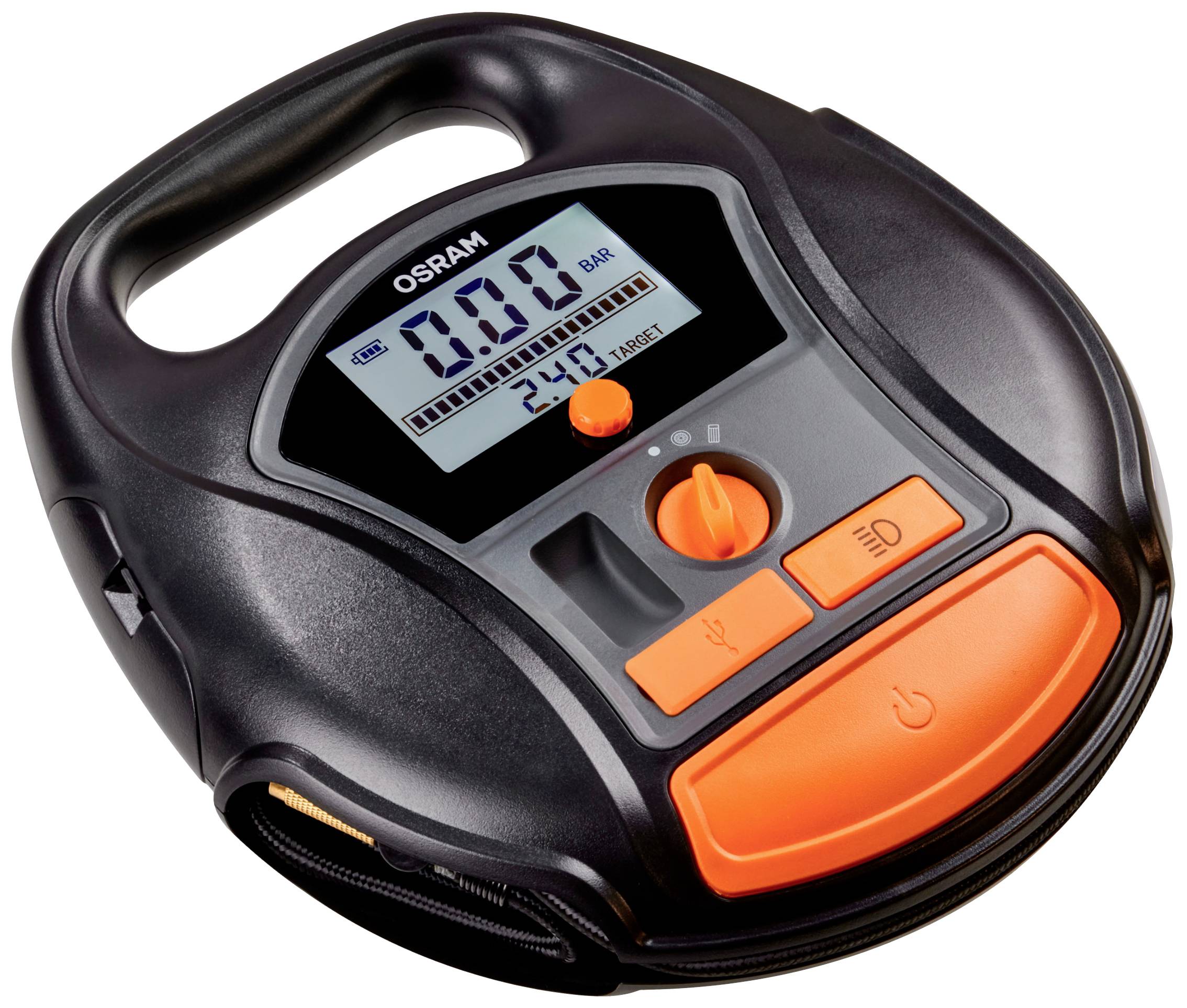 Tragbarer Luftkompressor von Osram mit digitalem Display, Druckanzeige in Bar, Abschaltfunktion, orangen Bedientasten und Tragegriff.