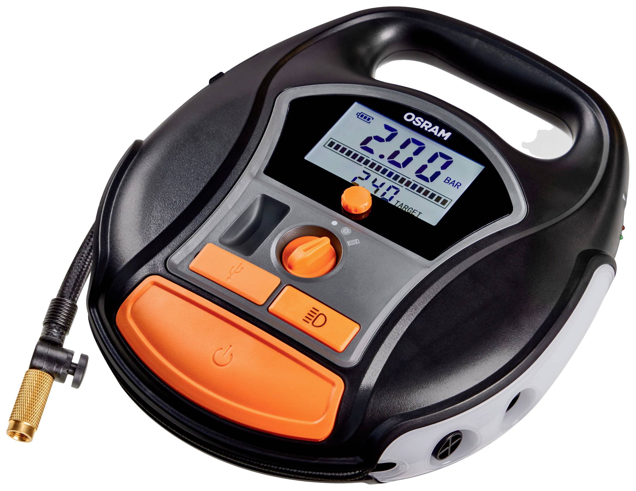 Tragbarer digitaler Reifendruckmesser mit LCD-Anzeige, orangefarbenem und schwarzem Gehäuse, flexiblem Schlauch und Ventilanschluss.