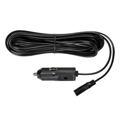 Ein langes schwarzes Kabel mit einem Adapter am Ende, geeignet zur Verbindung mit Fahrzeugstromquellen.
