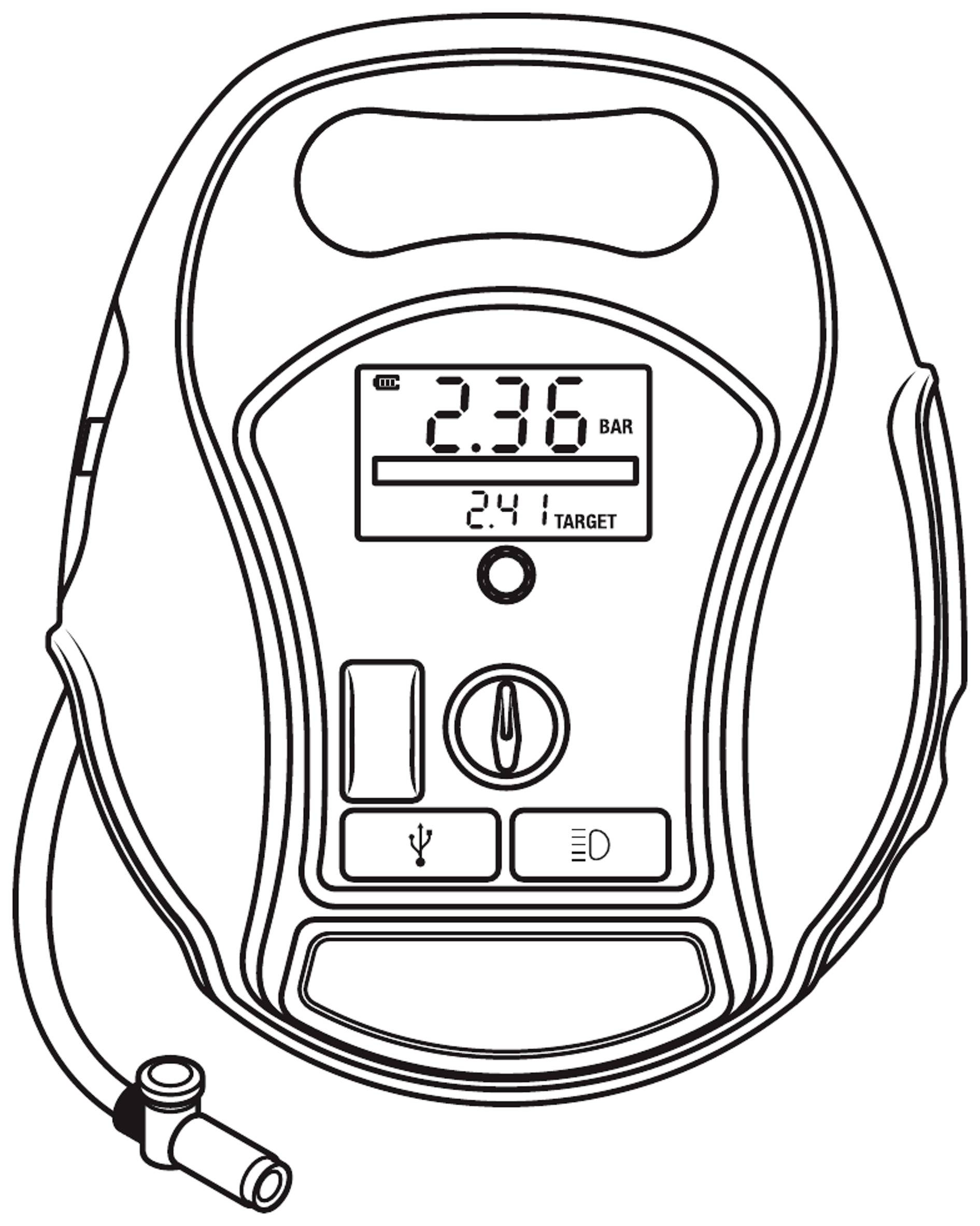 Digitaler Luftdruckmesser mit Kabel und digitalem Display zeigt '2,36 BAR' an. Zielwert darunter: '2,4 TARGET'.