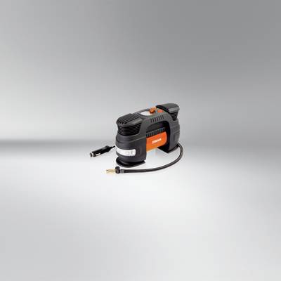 Ein tragbarer Reifenkompressor mit Kabel und Schlauch, geeignet für das Aufpumpen von Reifen. Kompakte, schwarze Bauweise.