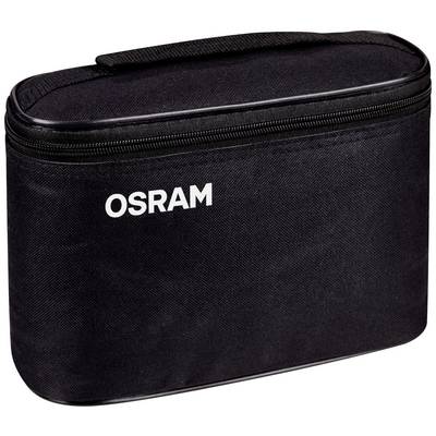 Schwarze Tragetasche mit Reißverschluss, darauf das Logo 'OSRAM'.