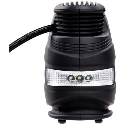 Eine schwarze elektrische Luftpumpe mit integriertem LED-Licht, geeignet für den Hausgebrauch oder unterwegs, kompakt und tragbar.