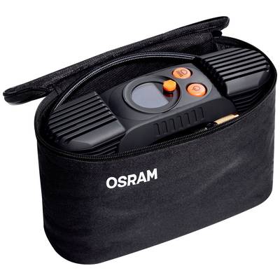 'OSRAM'-Luftkompressor in schwarzer Tragetasche mit zwei orangefarbenen Knöpfen, einem Druckmesser und einem Kabel zur Verwendung im Auto.