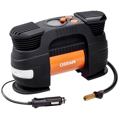 Tragbarer OSRAM-Luftkompressor mit integriertem Druckmesser und Anschlusskabel, geeignet für das Aufpumpen von Reifen.