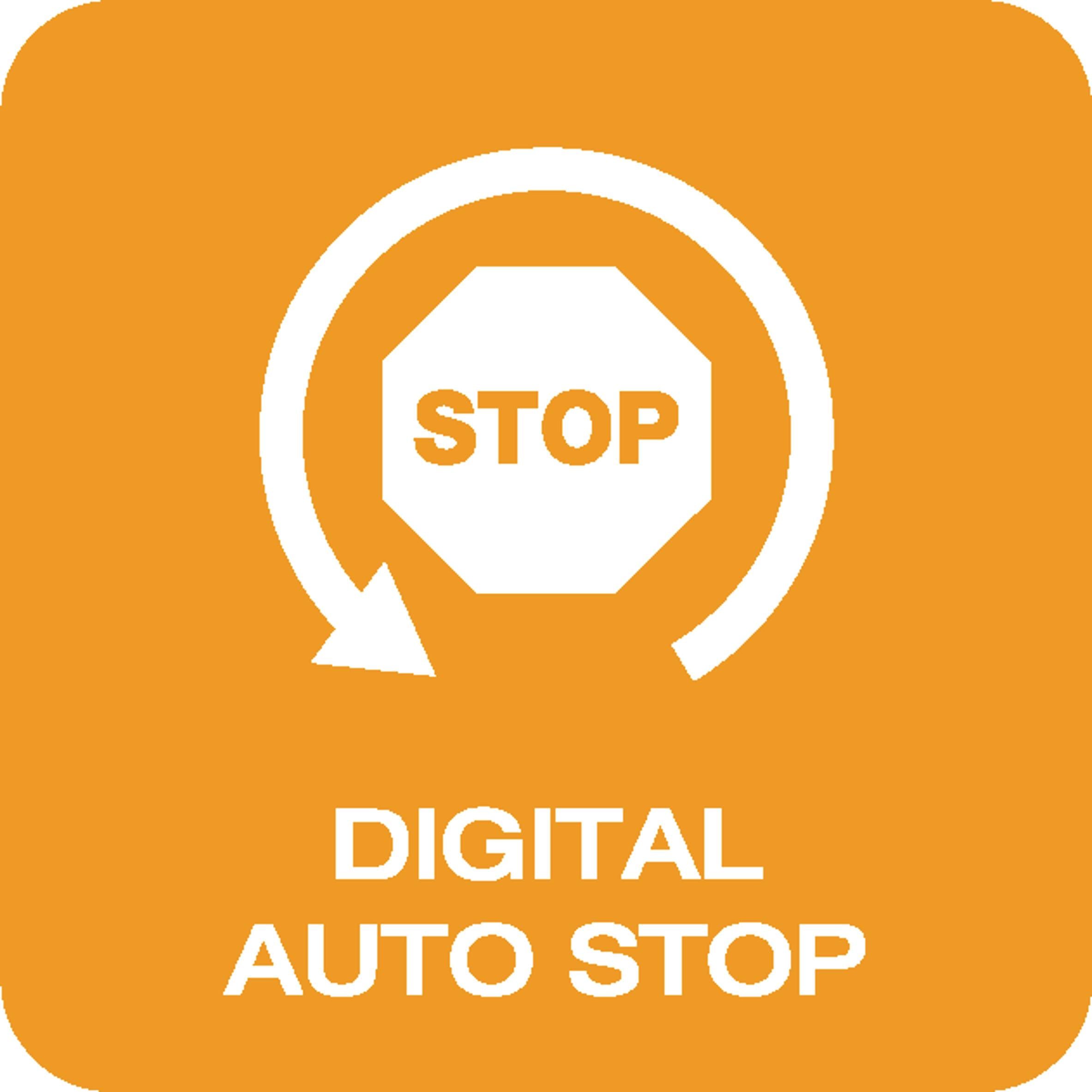 'Oranges Symbol mit Text 'STOP' in einem achteckigen Zeichen, umgeben von einem kreisförmigen Pfeil und darunter 'DIGITAL AUTO STOP'.'