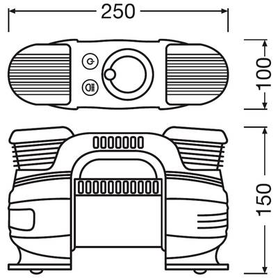 Technische Zeichnung einer doppelten Elektropumpe mit Maßen: 250 mm breit, 100 mm hoch in Seitenansicht, 150 mm hoch in Frontansicht.