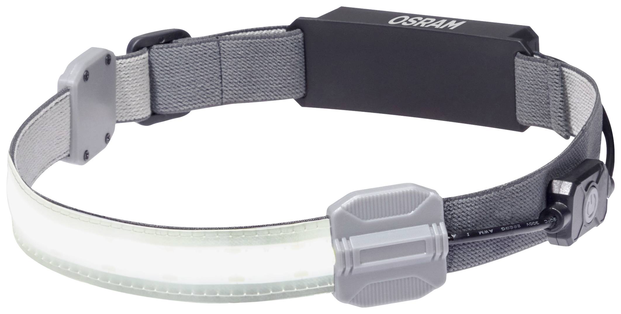 Graue, verstellbare LED-Stirnlampe mit elastischem Band, geeignet für Freiluftaktivitäten. Markierung 'OSRAM' auf dem Batteriefach.