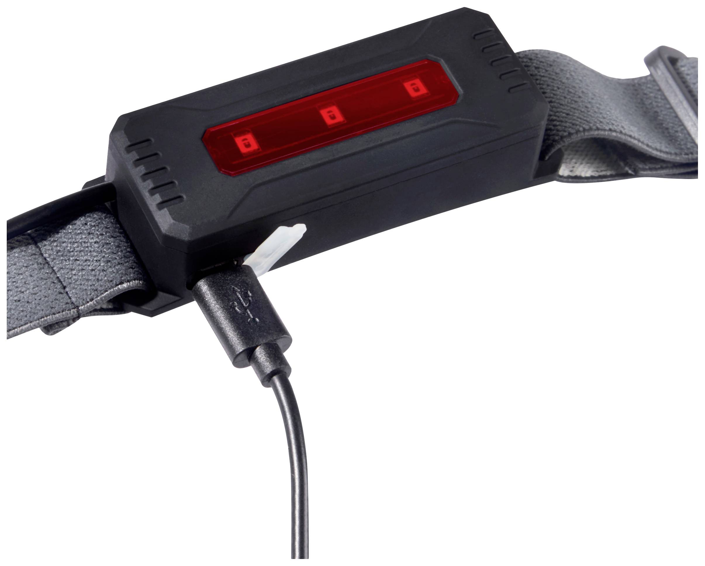 Ein schwarzes Ladegerät verbunden mit einem Kabel, das an einem grauen Textilband angebracht ist.