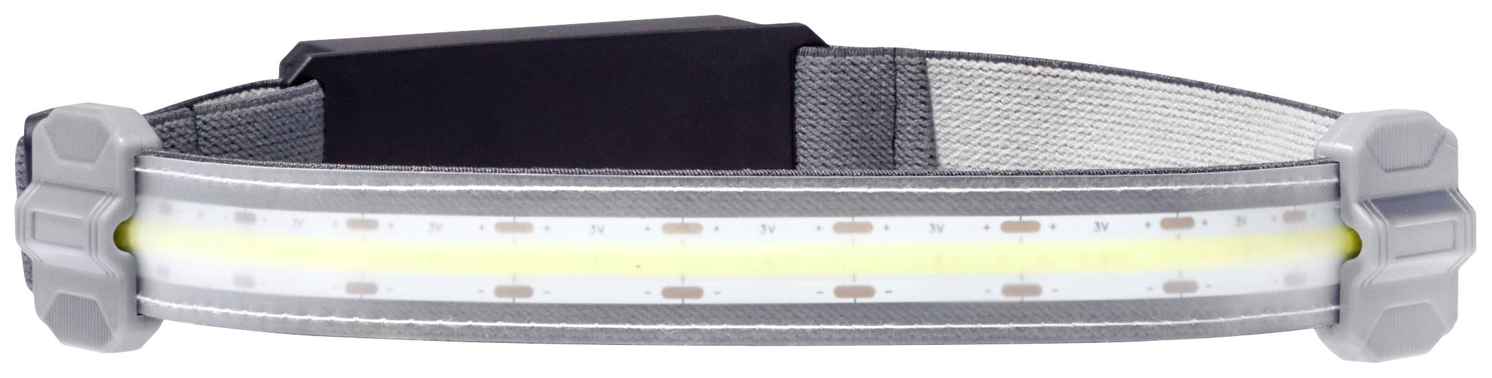 Stirnlampe mit grauem Kopfband und heller LED-Leuchte, die breit strahlt. Ideal für Outdoor-Aktivitäten oder Nachtarbeiten.