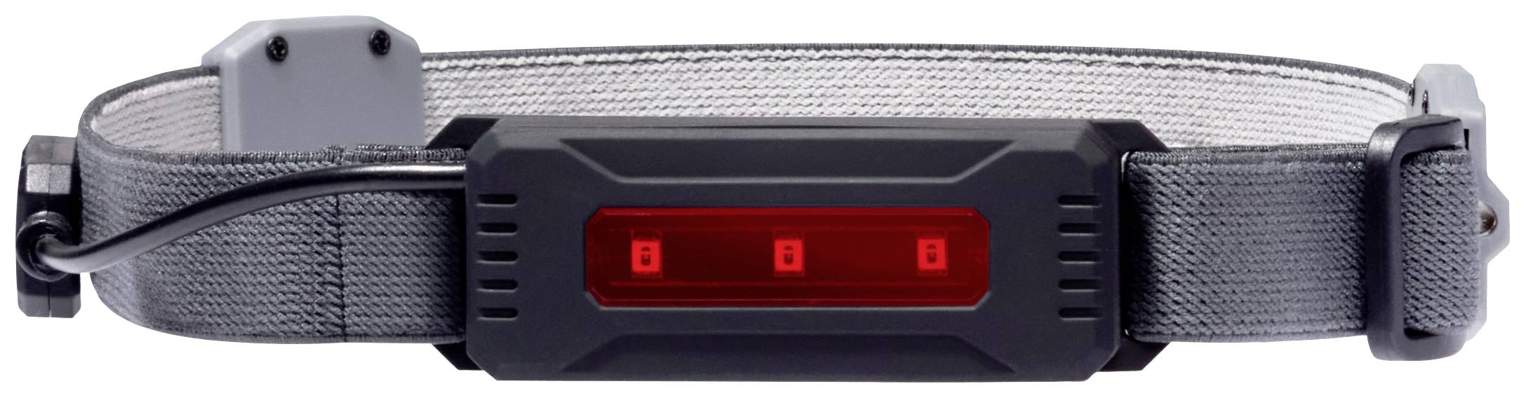 Graues verstellbares Armband mit rotem LED-Anzeigemodul in der Mitte, geeignet für sicherheits- oder sportbezogene Anwendungen.