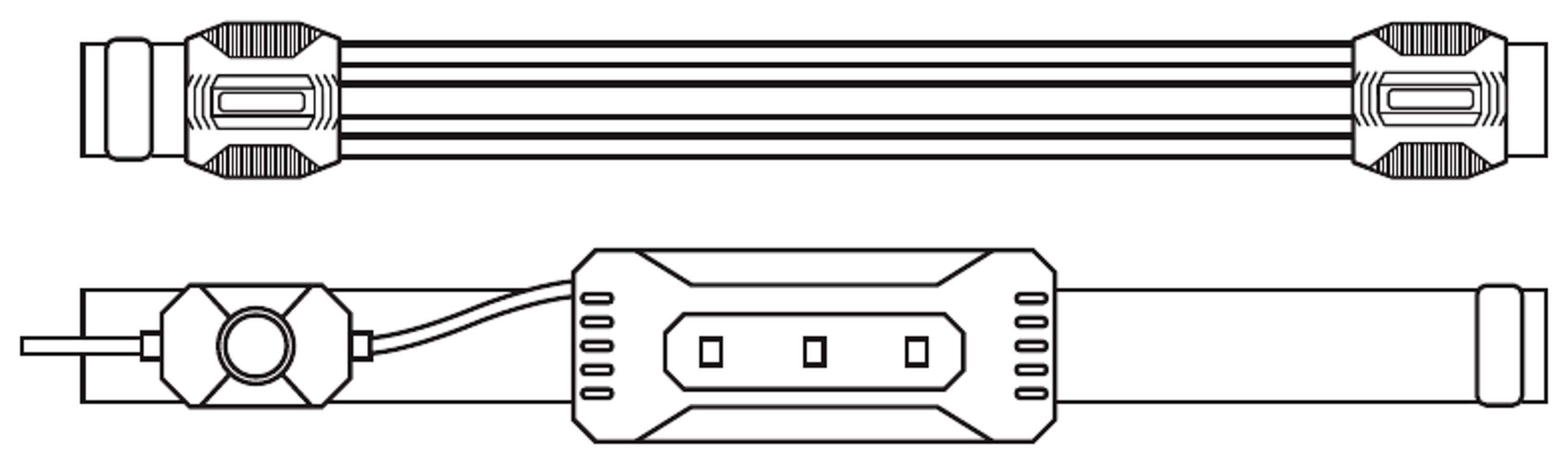 Technische Zeichnung eines zylindrischen Geräts mit Kabeln und Anschlüssen. Obere und seitliche Ansicht gezeigt.