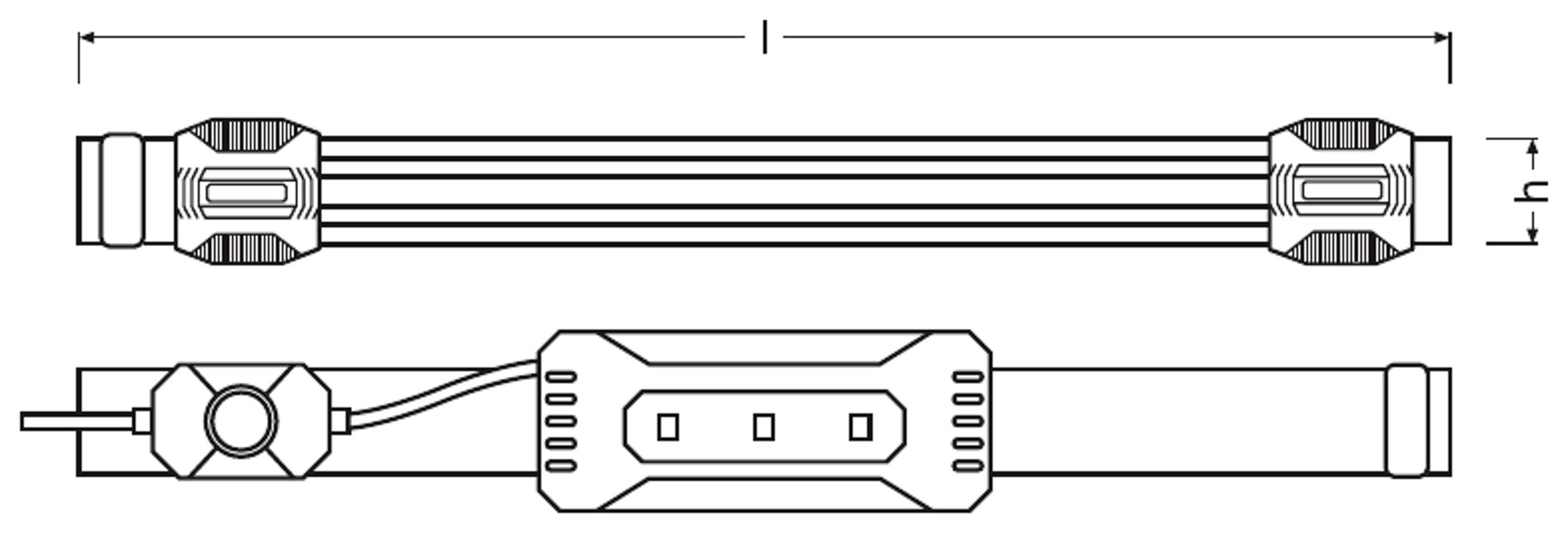 Technische Zeichnung eines zylindrischen Geräts mit Kabelanschluss und Maßeinheiten für Länge und Höhe. Hauptmerkmale hervorgehoben.
