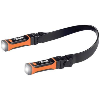 Zwei verbundene LED-Leuchten mit flexibler Halterung, Markenname 'OSRAM', in Schwarz und Orange, ideal für den Einsatz im Dunkeln.