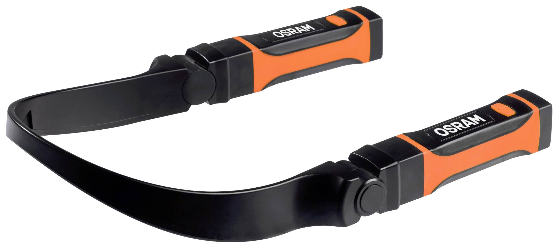 Eine flexible, schwarz-orange Kopfleuchte von OSRAM, geeignet für den handfreien Einsatz, mit einem schwenkbaren Lichtband.