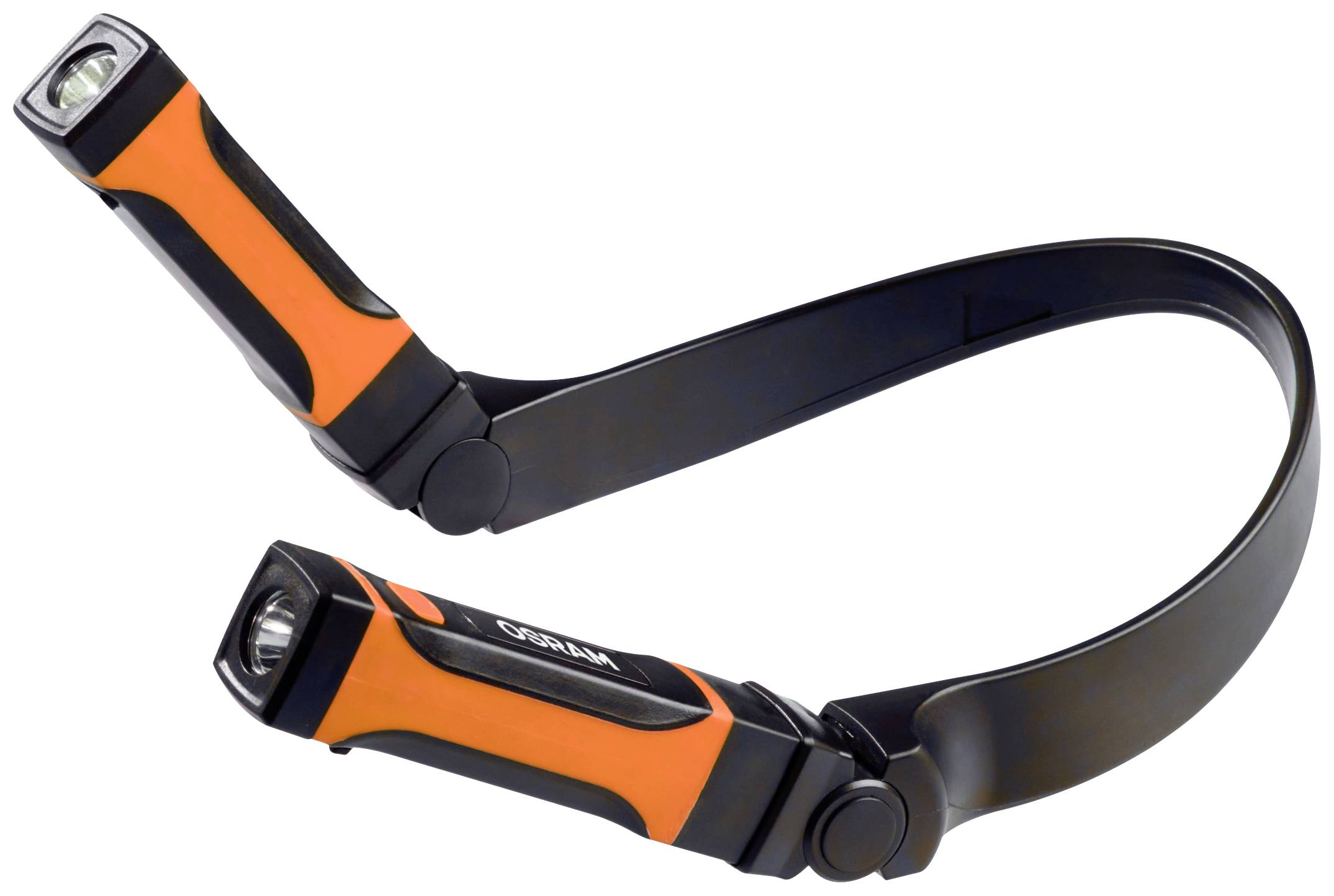 Eine flexible schwarze und orangefarbene Taschenlampe mit zwei Lichtquellen an den Enden.