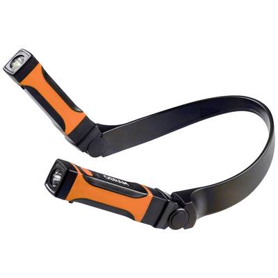 Eine flexible schwarze und orangefarbene Taschenlampe mit zwei Lichtquellen an den Enden.