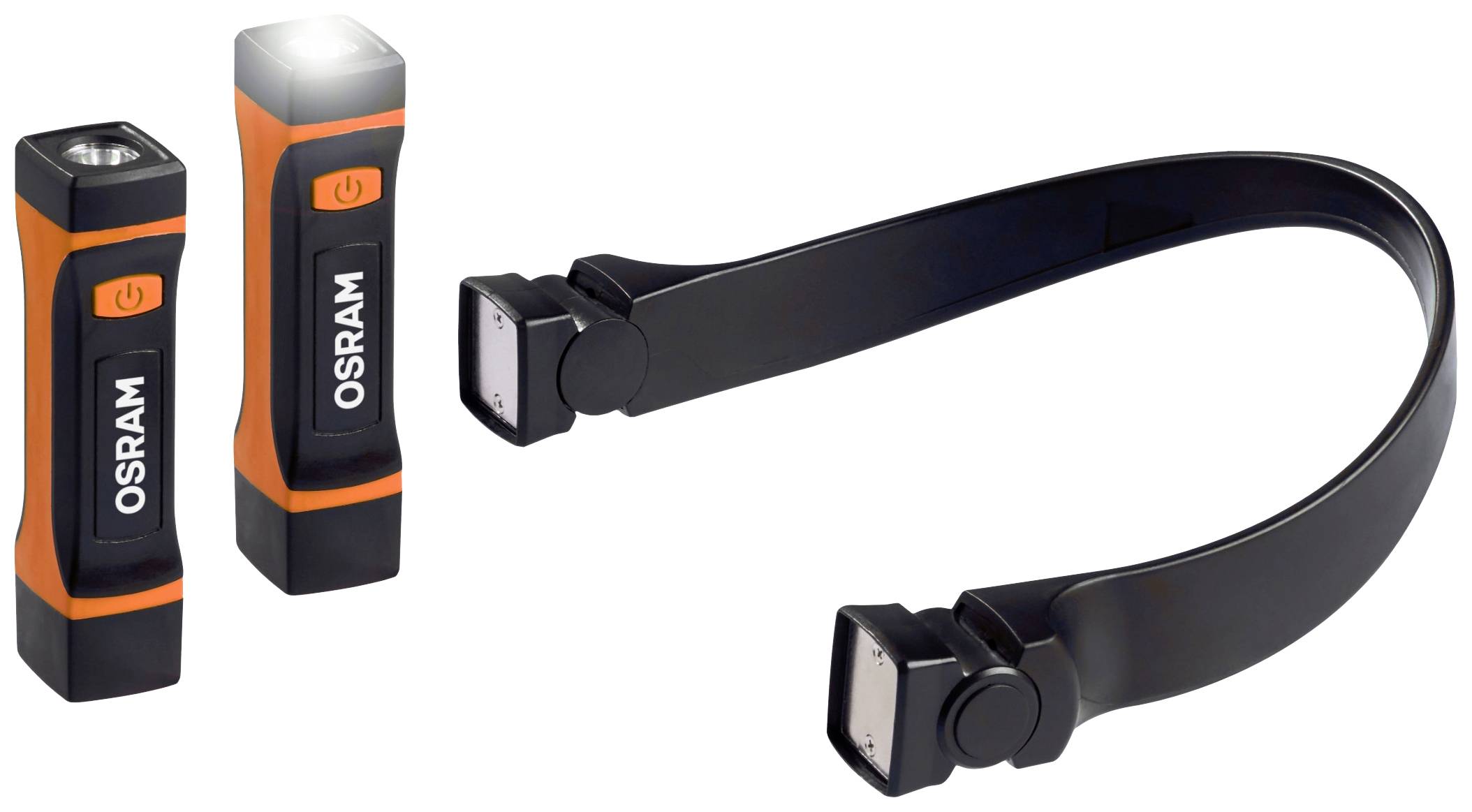 Zwei orange-schwarze Taschenlampen der Marke OSRAM und eine schwarze, flexible LED-Lampe mit verstellbarem Hals, nebeneinander.