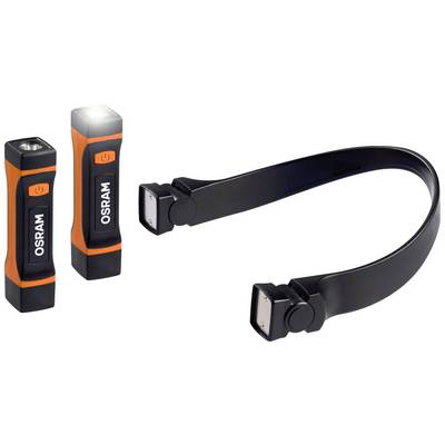 Zwei orange-schwarze Taschenlampen der Marke OSRAM und eine schwarze, flexible LED-Lampe mit verstellbarem Hals, nebeneinander.