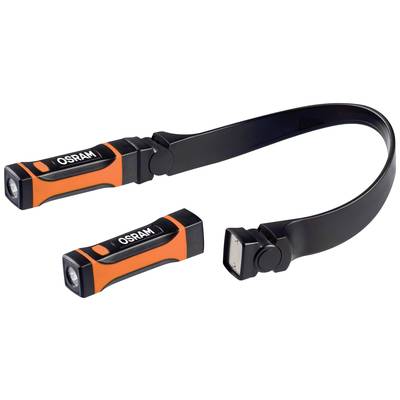 Zwei orange-schwarze Taschenlampen mit 'OSRAM' Schriftzug, eine am biegsamen Halter befestigt, die andere daneben liegend.