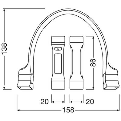 Diagramm einer Fahrradschloss-Form mit Abmessungen: Länge 158 mm, Breite 20 mm, Höhe 138 mm. Akkuschloss mit Schalter.