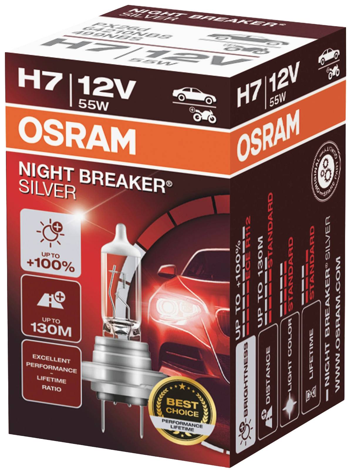 'OSRAM Night Breaker Silver H7 12V 55W' Glühlampenverpackung mit Bild einer Glühlampe und Grafiken zu Helligkeit, Reichweite und Leistung.