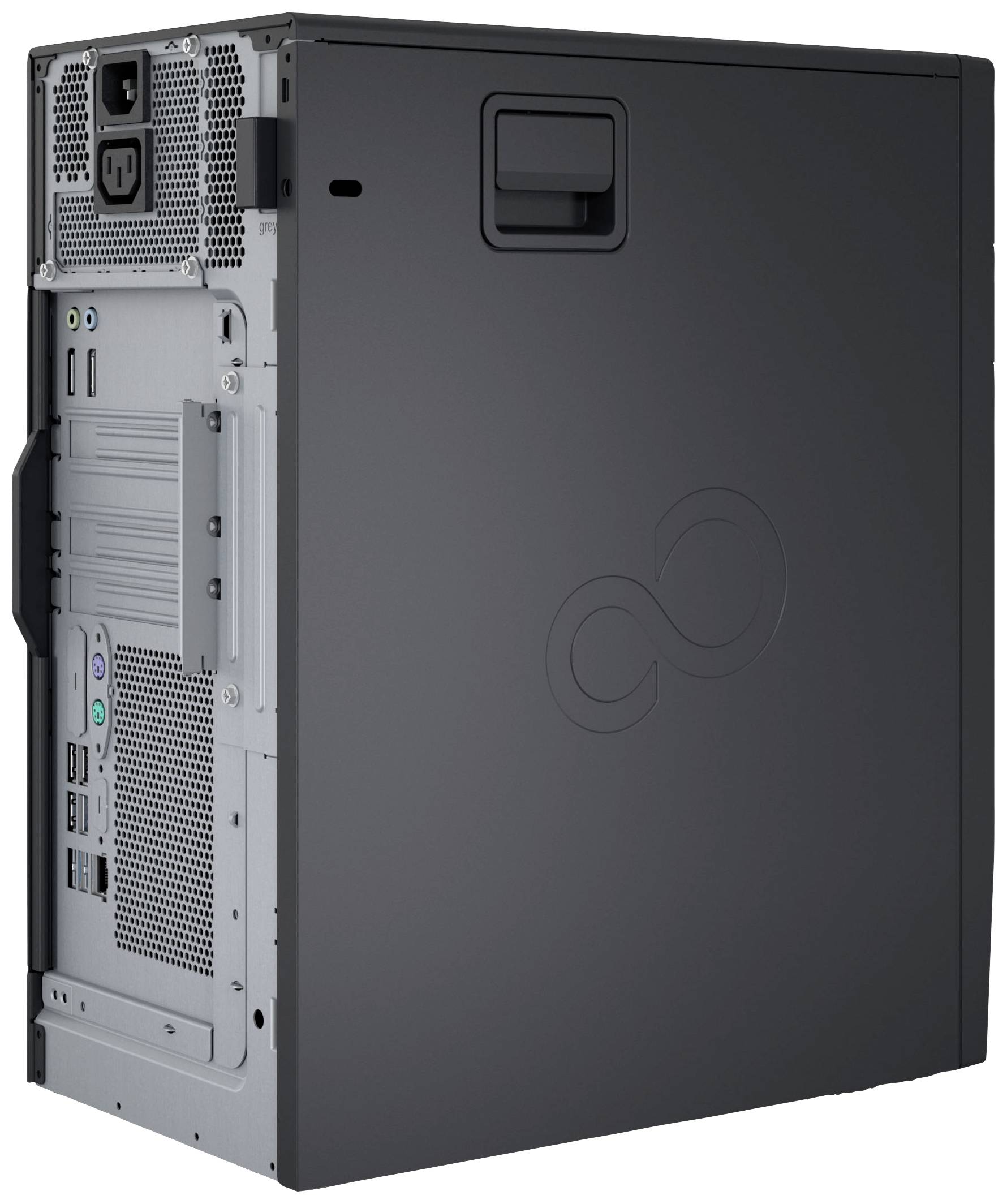 Ein Desktop-Computer-Gehäuse in Schwarz, Ansicht von hinten und der Seite. Sichtbare Anschlüsse und Belüftungsgitter.