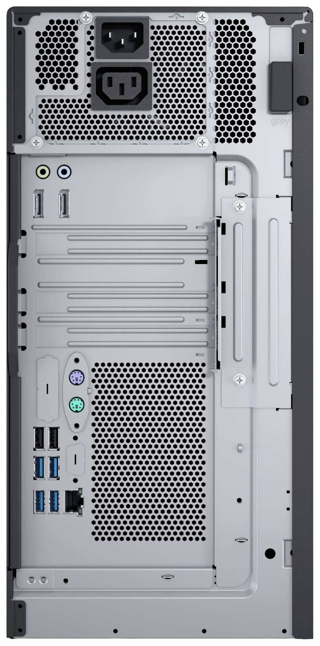 Rückansicht eines Computergehäuses mit verschiedenen Anschlüssen und Slots für Erweiterungskarten, sowie Netzteilanschluss oben.